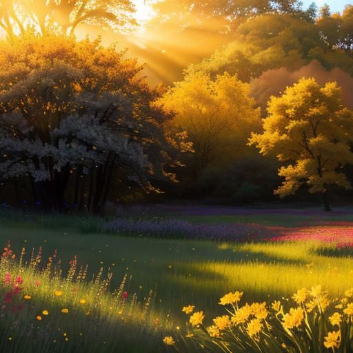 A clearing bathed in golden sunlight, with flowers blooming in the foreground, could evoke a sense of warmth and serenit...
