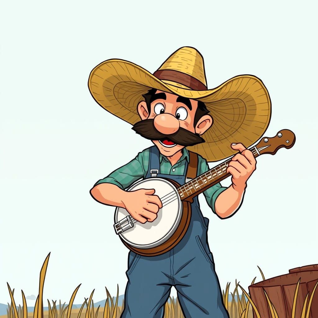 Lighthearted Cartoon Banjo Player in Classic Comic Book Styl...