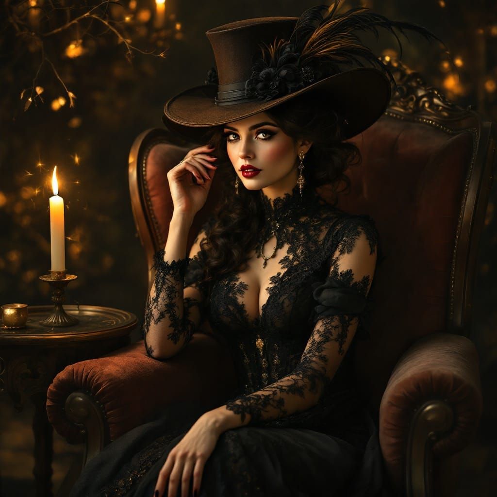 Ethereal Lady in Velvet Armchair, Soft Candlelight, Watercol...