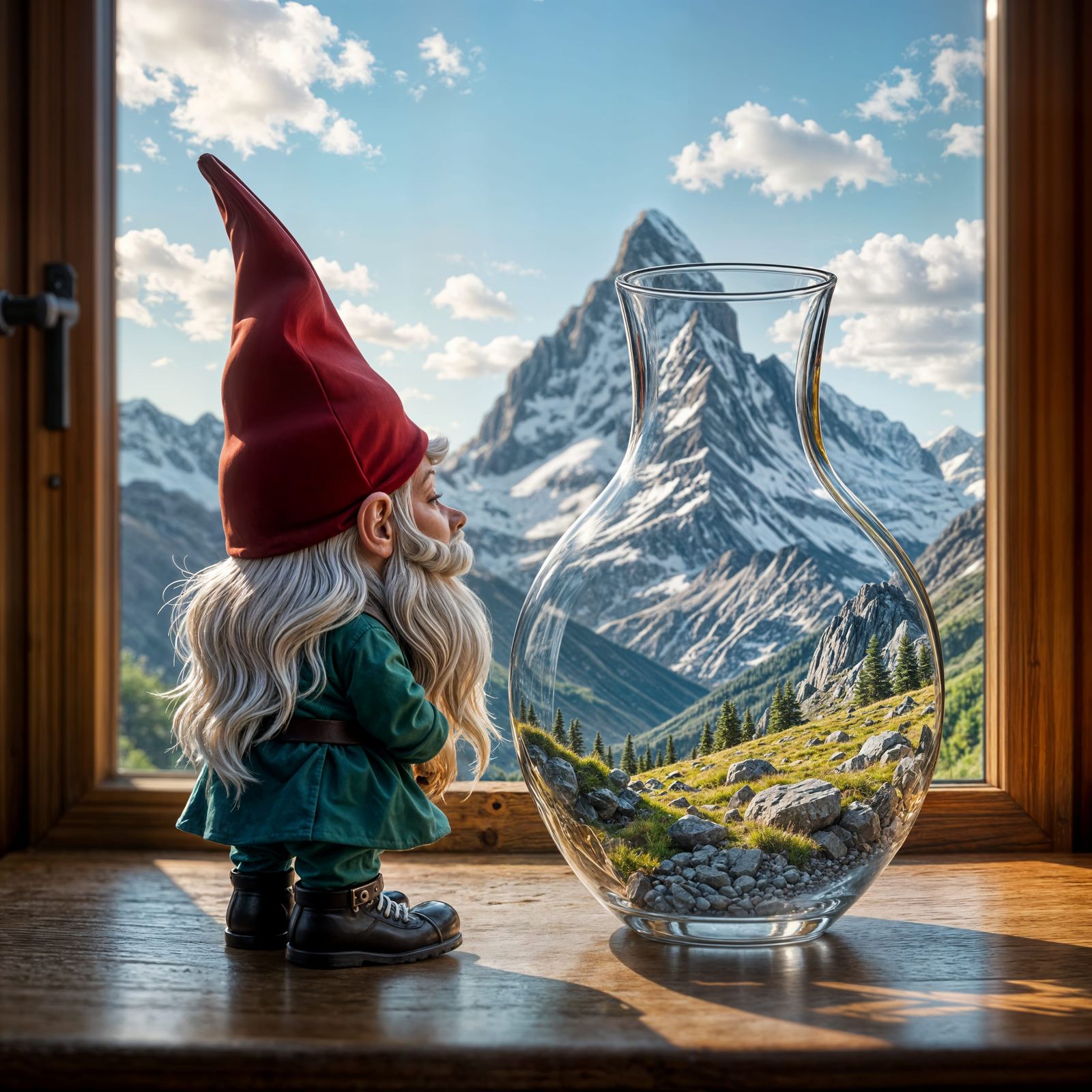 Gnome Gazing at Mountain in Vase: Abstract Digital Art