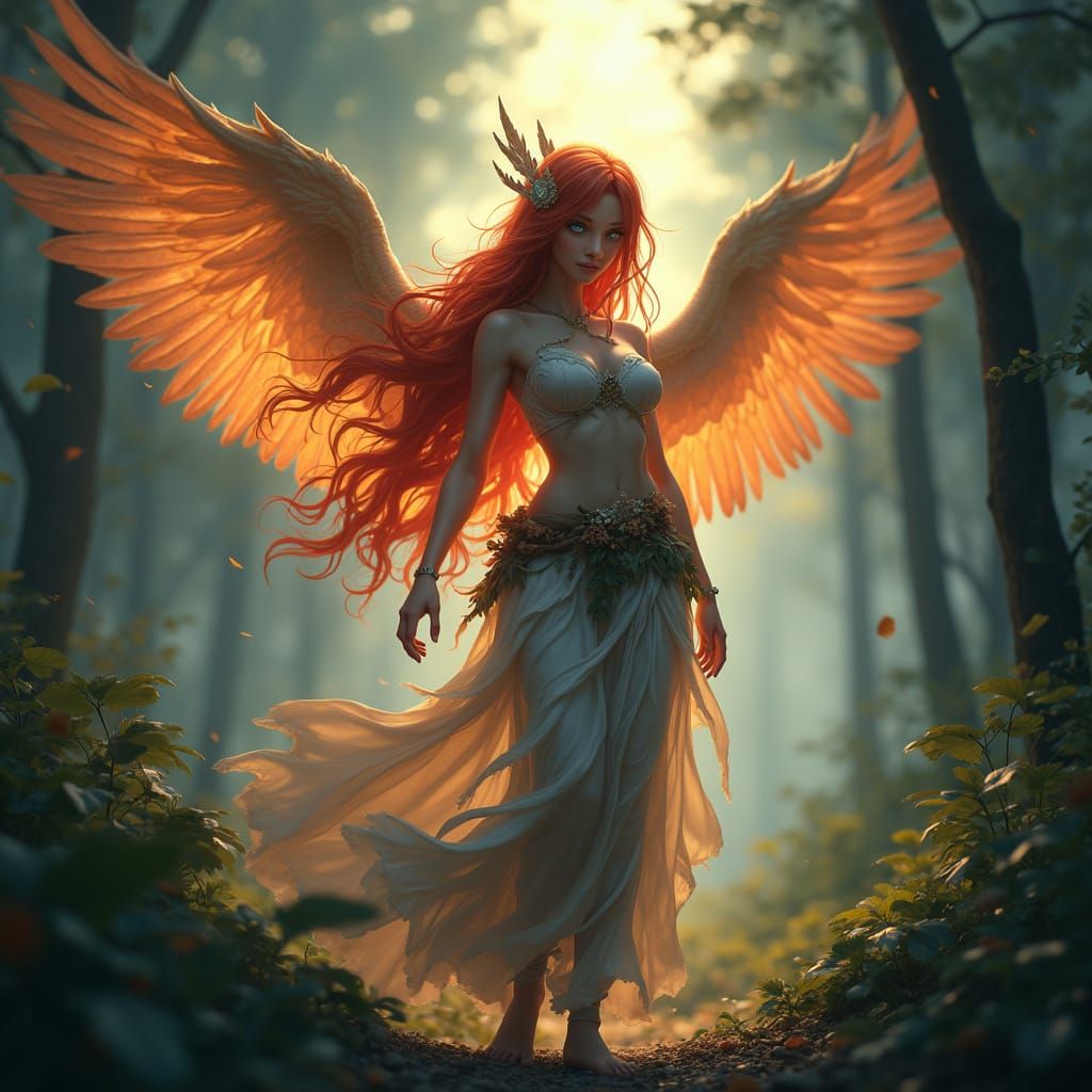 Ethereal Aasimar Woman Walks Through Dark Forest with Majest...