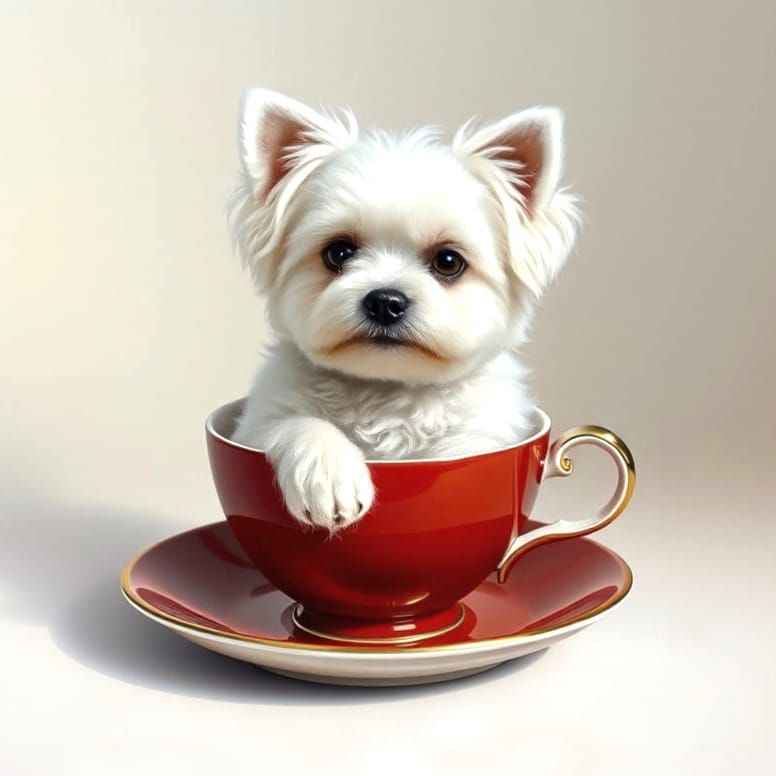 A Teacup Maltese Sits in a Surreal Red Teacup