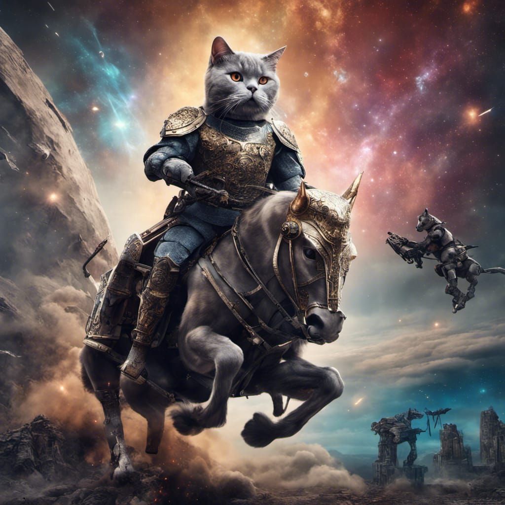 British Shorthair Cat Warrior on Robot Horse