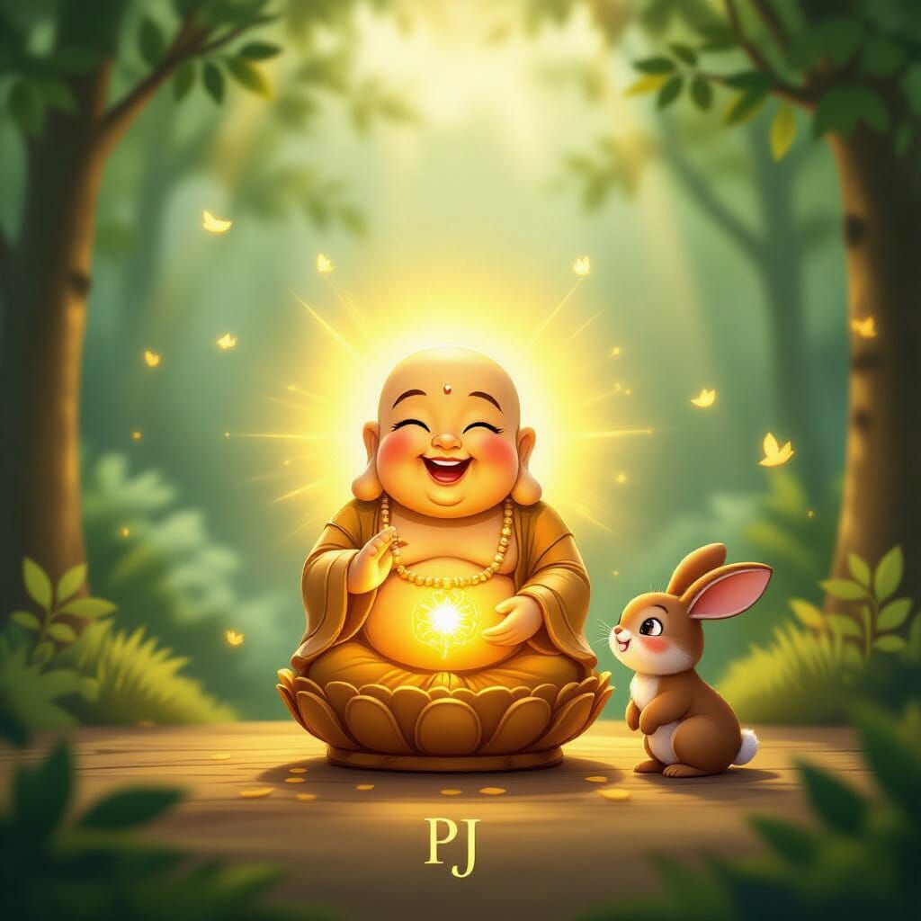 Glowing Laughing Buddha Pendant with Rabbit in Serene Forest