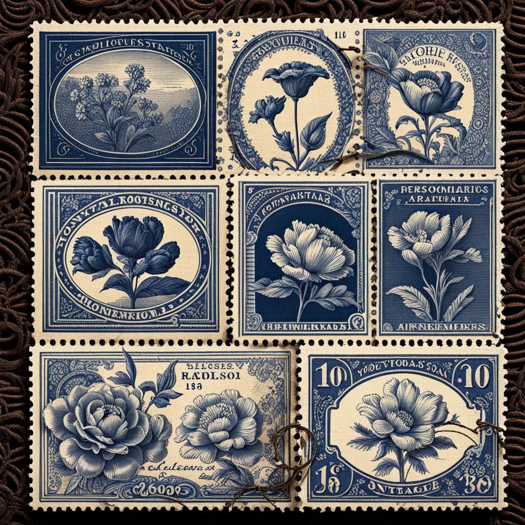 Ornate Vintage Baroque Postal Stamps with Floral Sketches