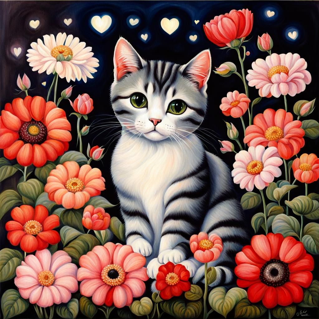 Cat with Big Eyes Surrounded by Flowers