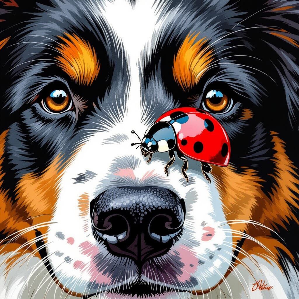 Ladybug on Dog's Nose, Whimsical Beatrix Potter Style