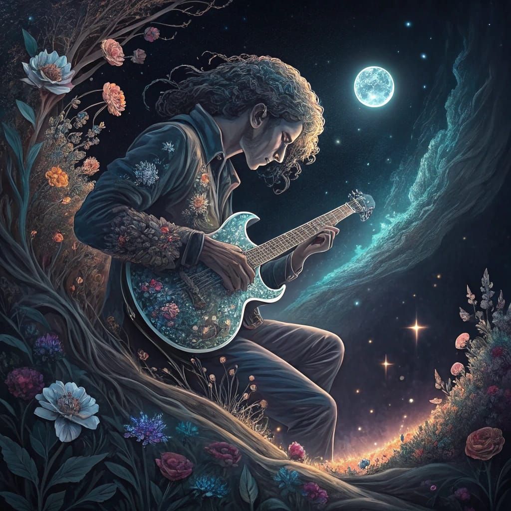 Cosmic Guitarist Plays Night Music in Surreal Oil Painting