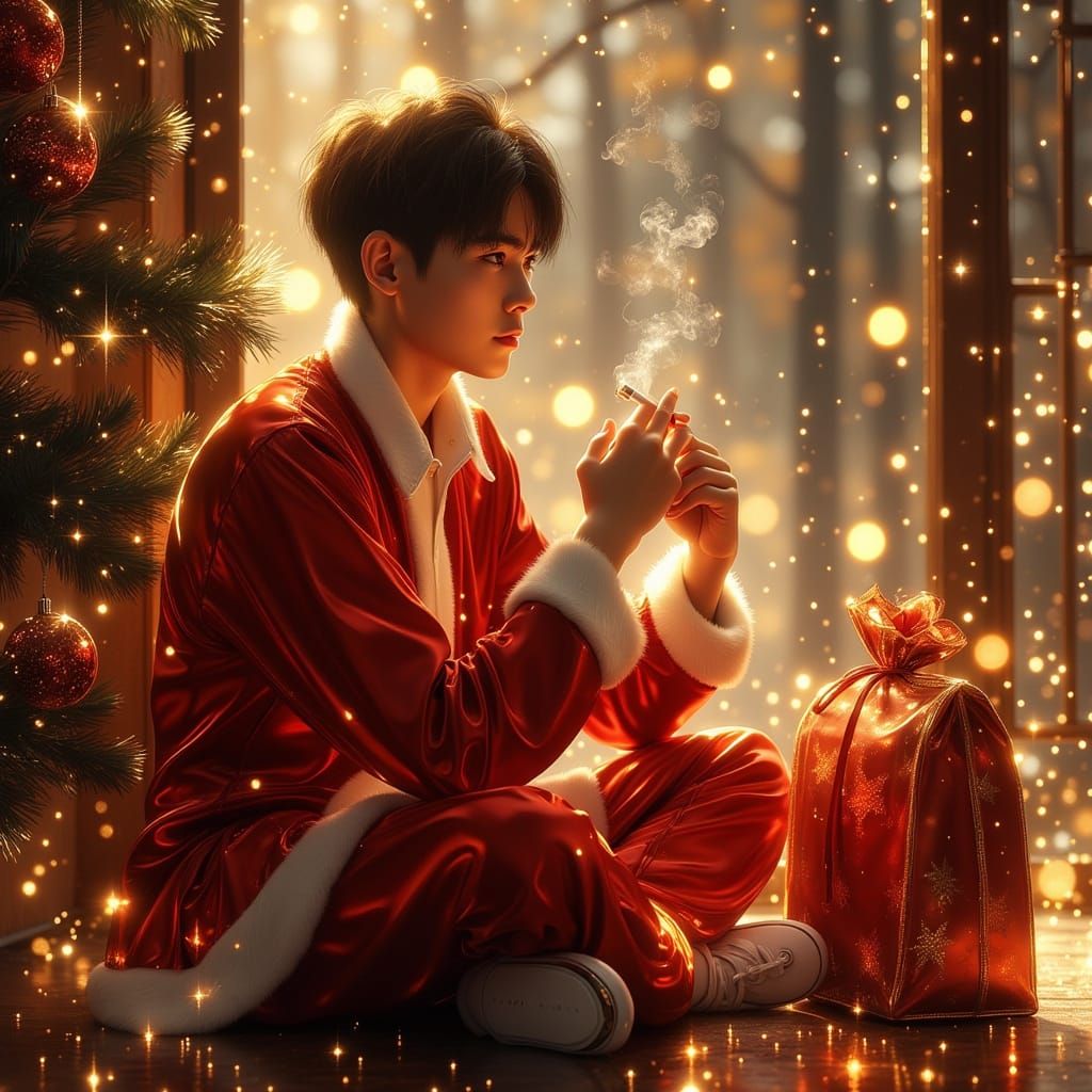Anime Man in Santa Costume with Cigarette, Festive Lighting
