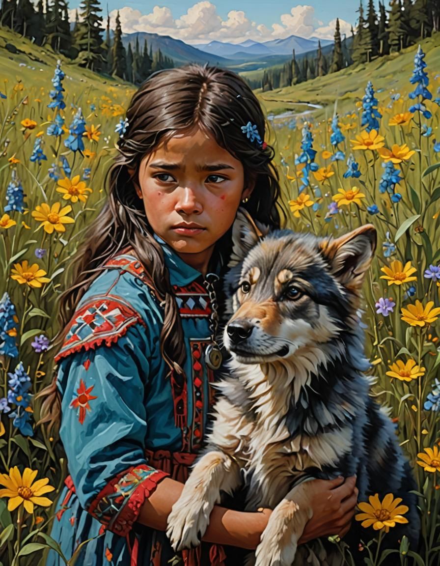Wolf Pup Comforts Girl, Oil Painting by Gurney