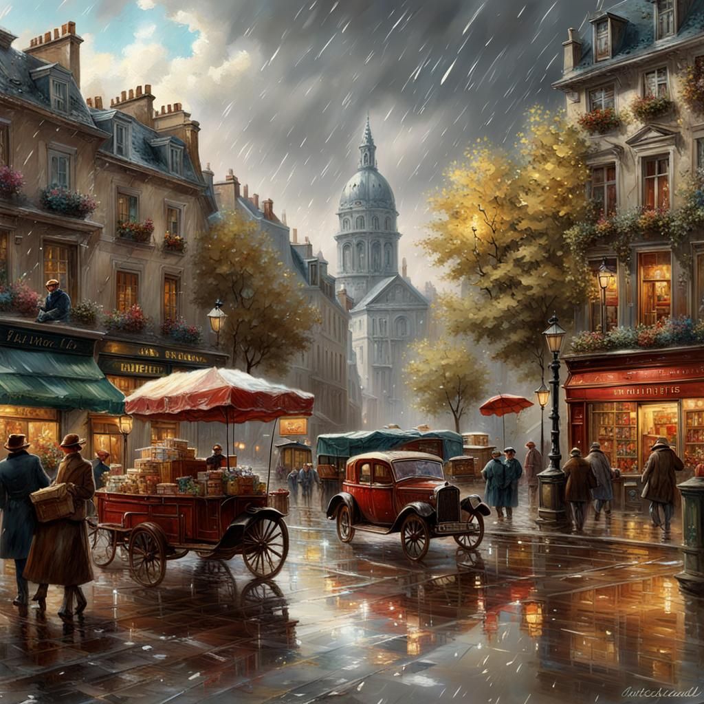 Parisian Booksellers After Rain, Detailed Matte Painting