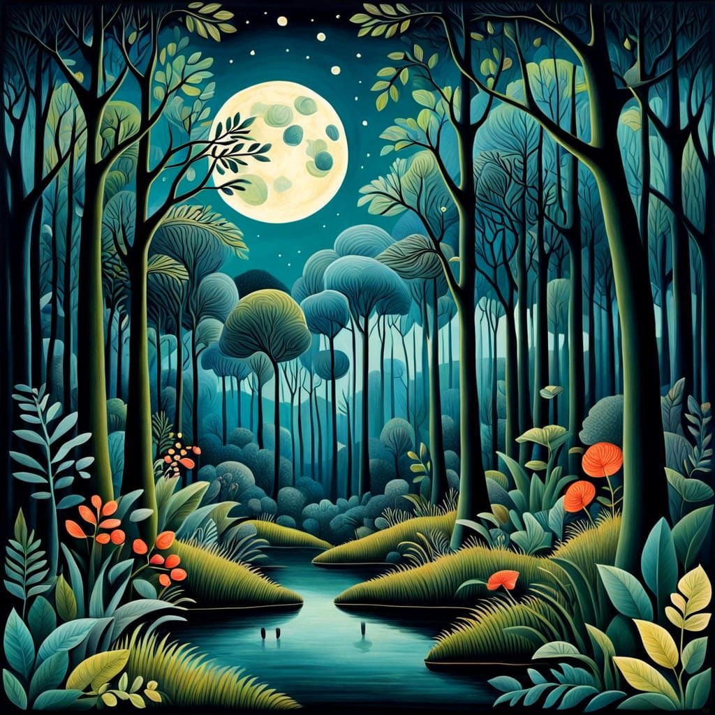Whimsical Folk Art Moonlit Forest Scene