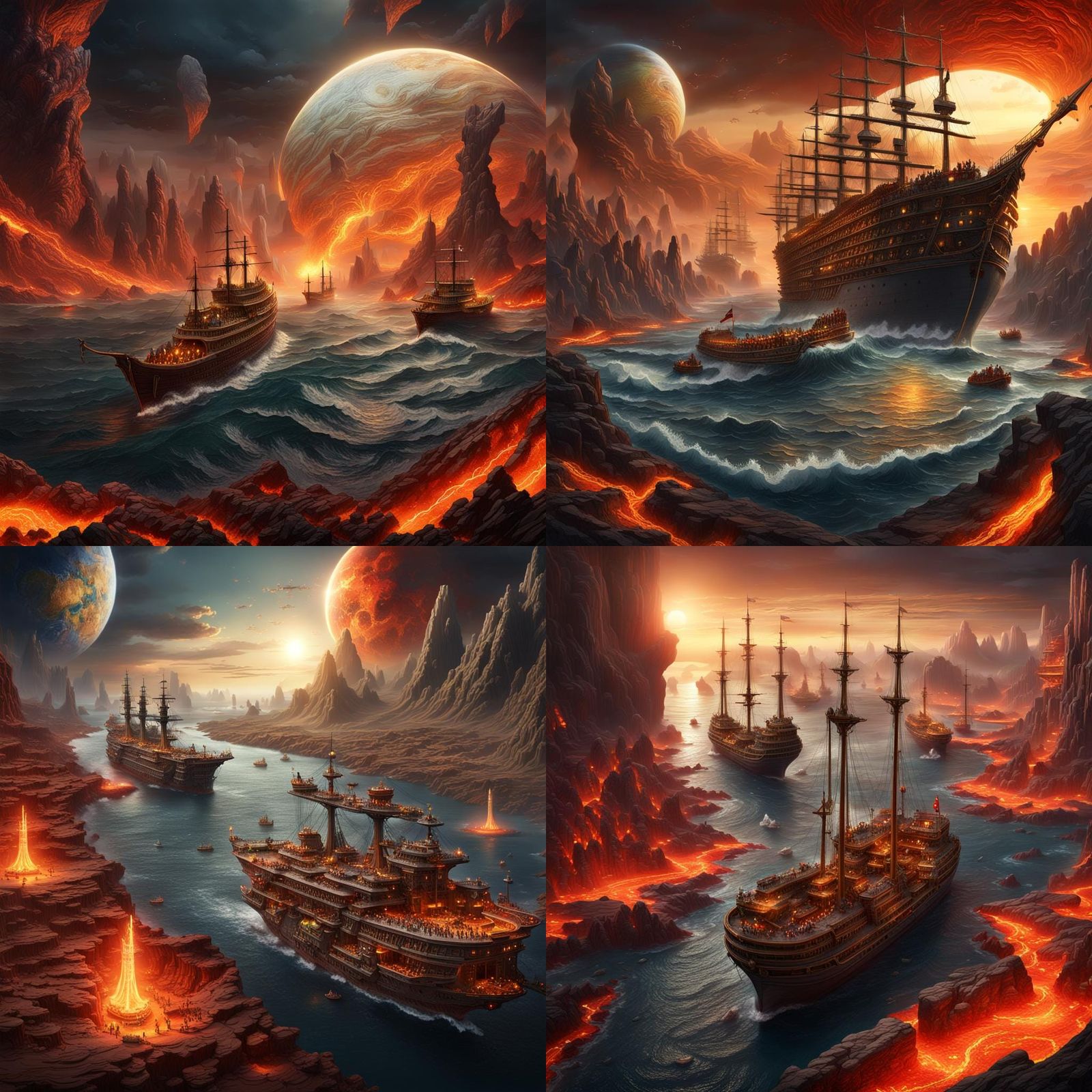 A big caravan of ships and boats taking a voyage to the centre of the earth. Spiral path and we see layers of earth and ...