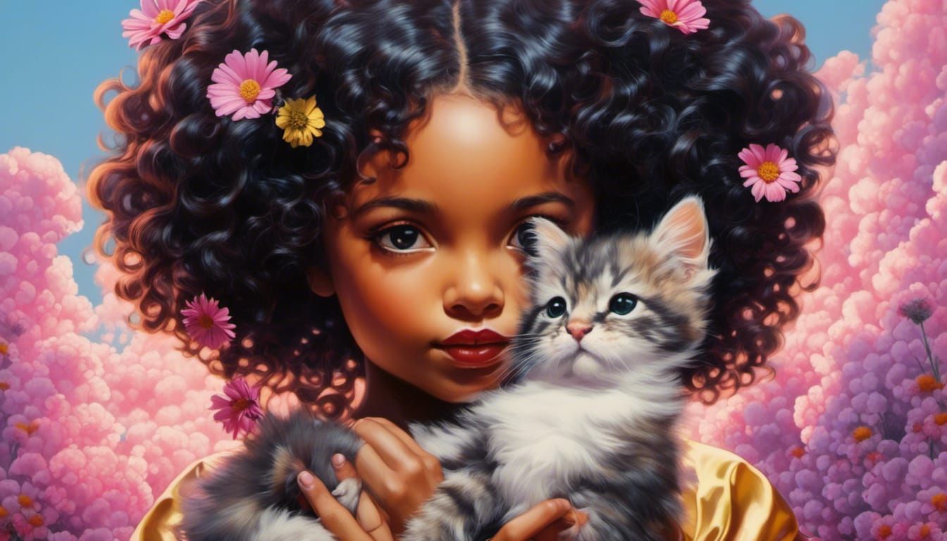 Girl with Kitten in Industrial Daisy Field