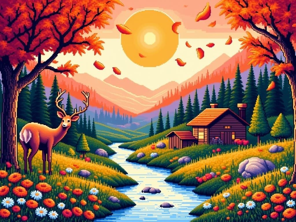 Autumn Pixel Art Landscape with Deer and Cottages