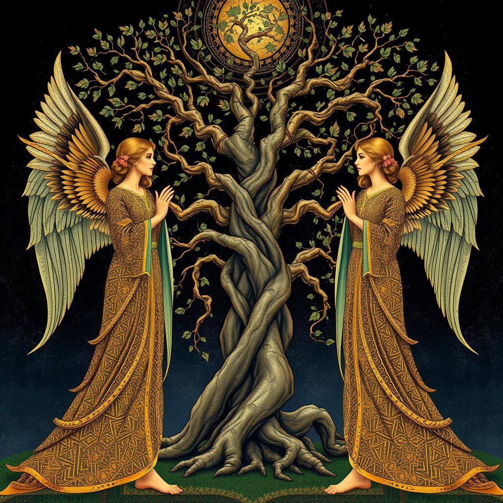 two beautiful female guardian angels guarding the tree of li...