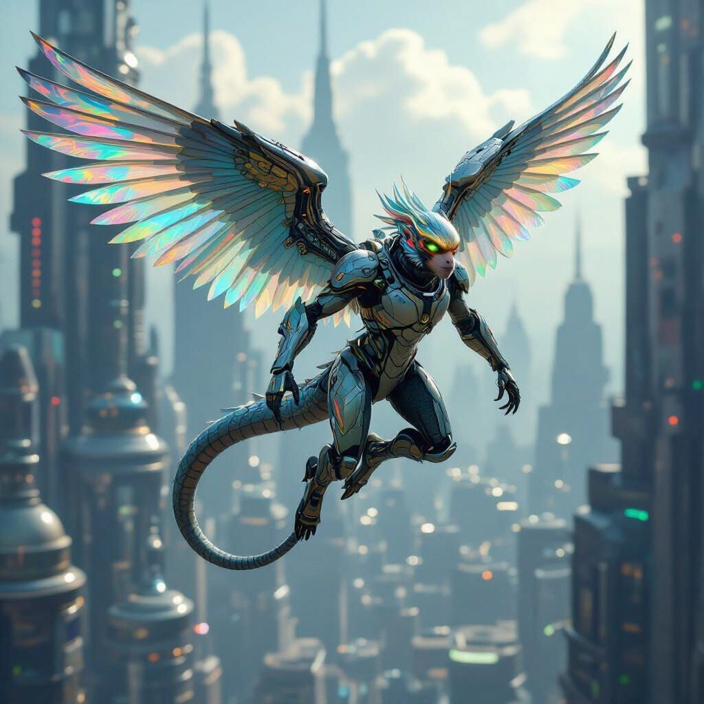 Hybrid Creature Soars Over Future Cityscape