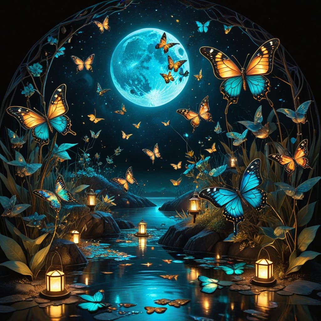 Starry Blue Lagoon with Bioluminescent Butterflies