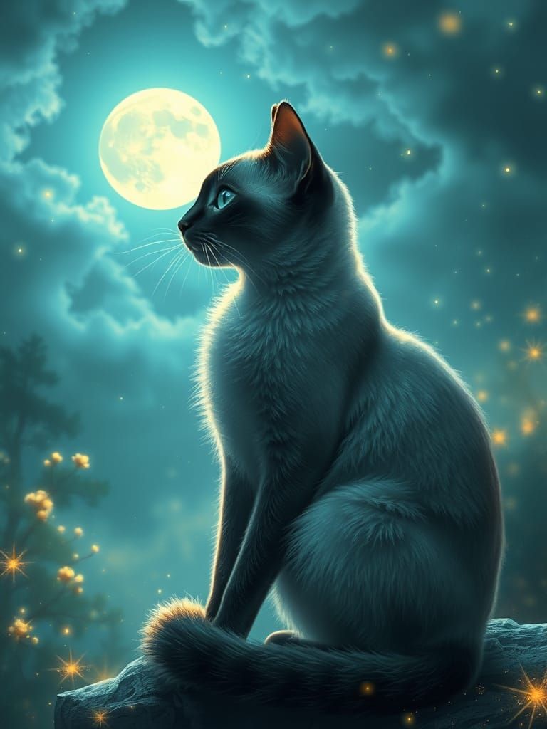 Ethereal Siamese Cat Silhouette Under Bright Moon
