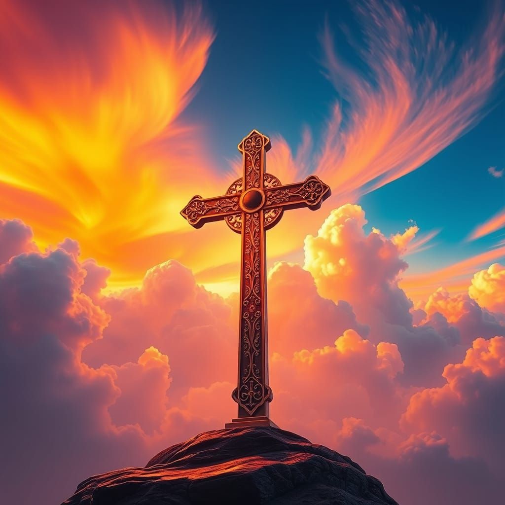 Majestic Cross Silhouetted Against Vibrant Sunrise Sky