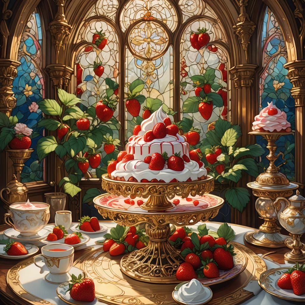 Strawberry Dessert in Golden Victorian Parlor