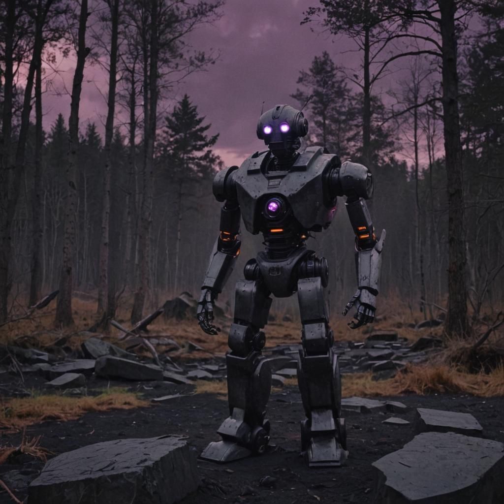 Ancient Robot Sentinel in Dark Fantasy Landscape