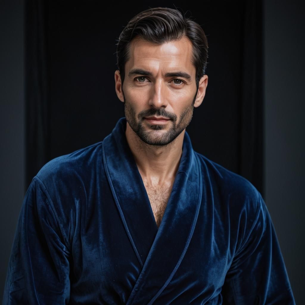 Elegant Man in Blue Velvet Robe: Impressionist Portrait