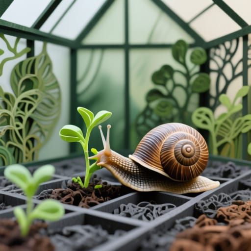 Snail Eating Plants in Greenhouse - Mixed Media Art