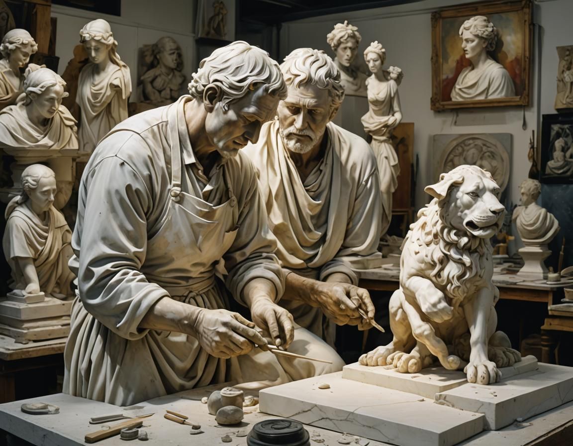 Artist Carving Marble Statue in Oil Painting Style