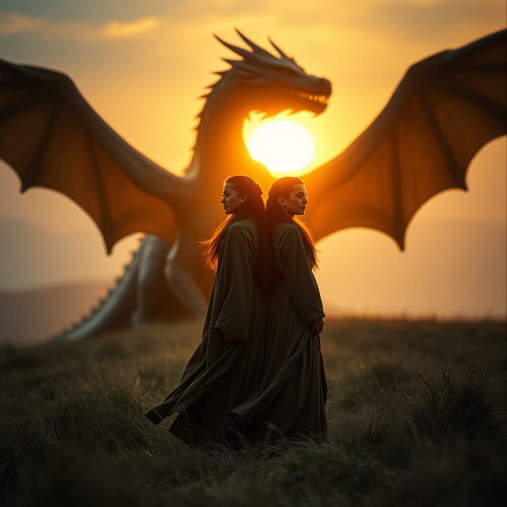 Women with Dragon in Cinematic Sunset