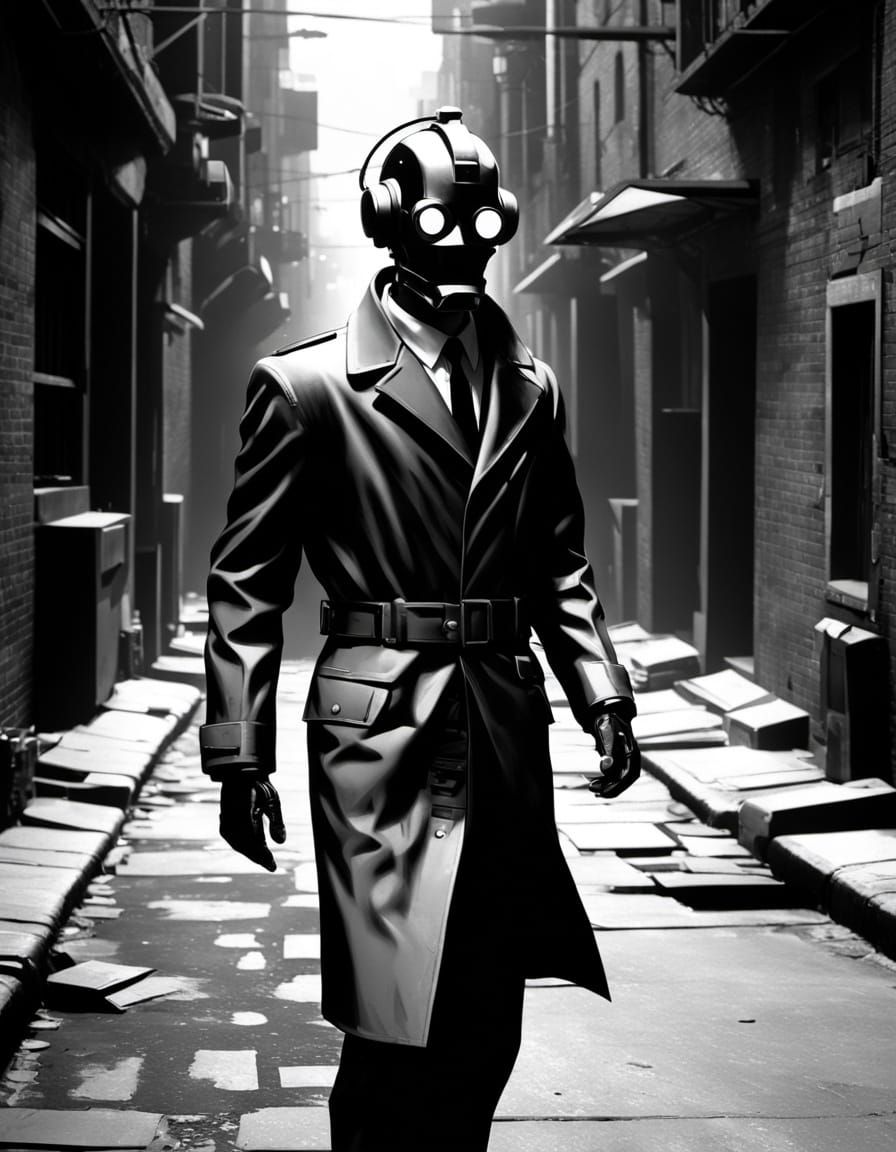 Retrofuturistic Robot Detective in Smoky Alleyway