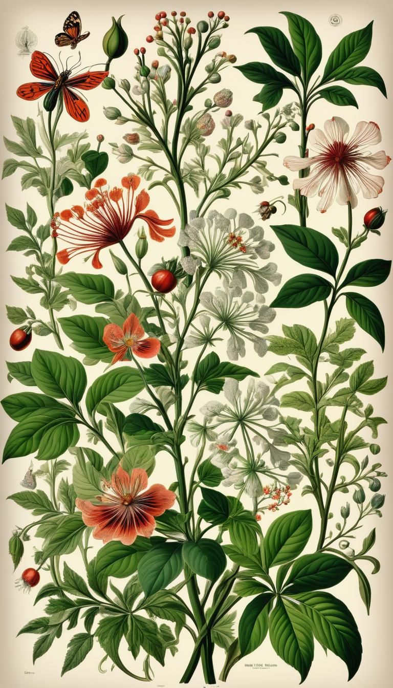 Victorian Botanical Art with Delicate Ink Lines