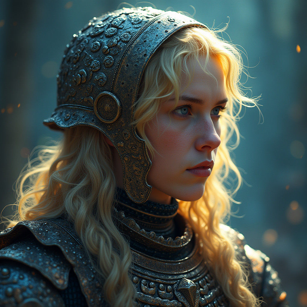 Knight in Chainmail Helmet with Ethereal Glow