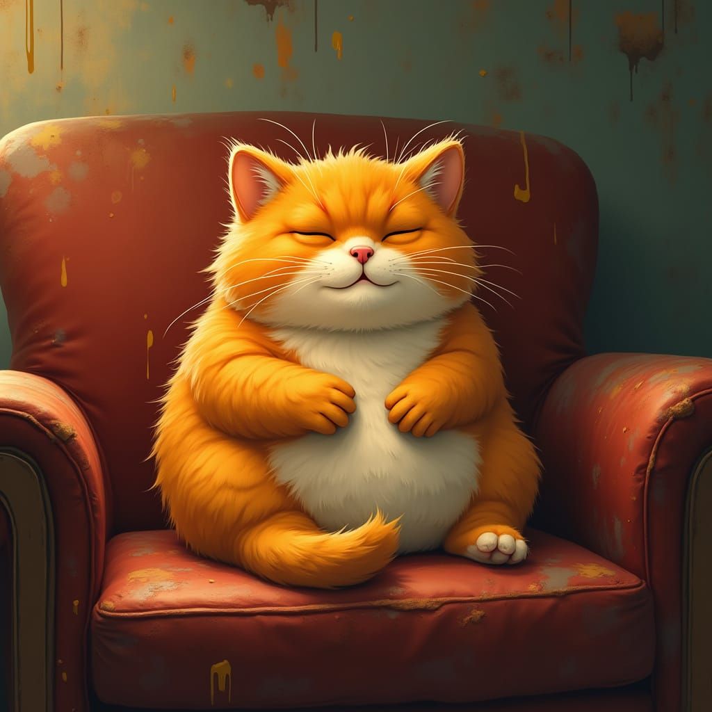 Chubby Orange Cat on Stained Couch, in Digital Art Style