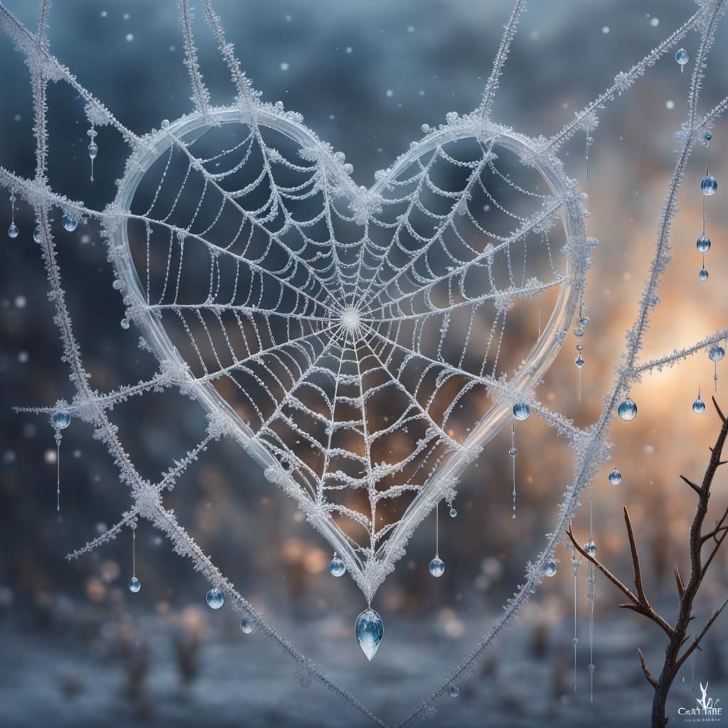 Heart-Shaped Glass Spiderweb with Crystalline Dew