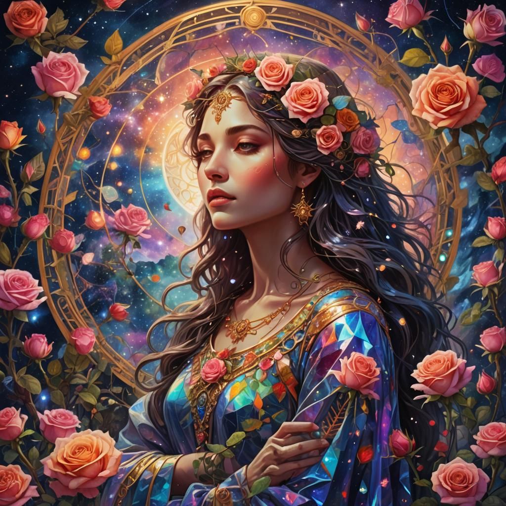 Cosmic Rose Awakening: Holographic Astral Illustration