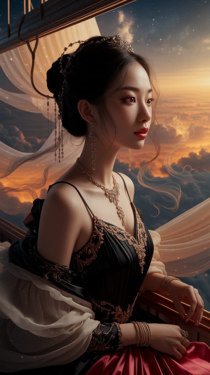 Elegant Lady on Airship Balcony in Art Nouveau Style