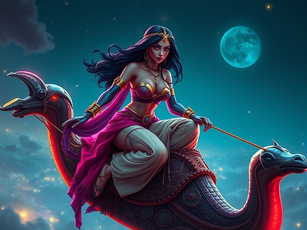Cyborg Princess Jasmine in Neon Cyberpunk Magic Carpet Ride