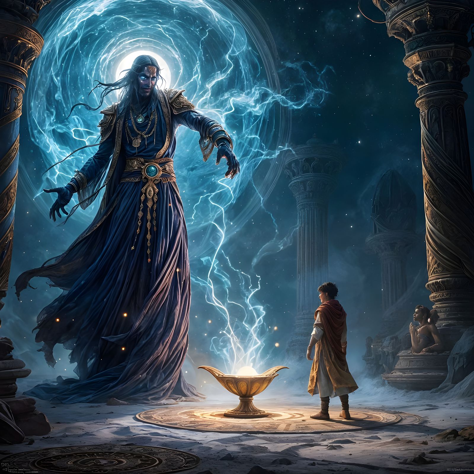 Evil Jinn Emerges from Lamp in Art Nouveau Style