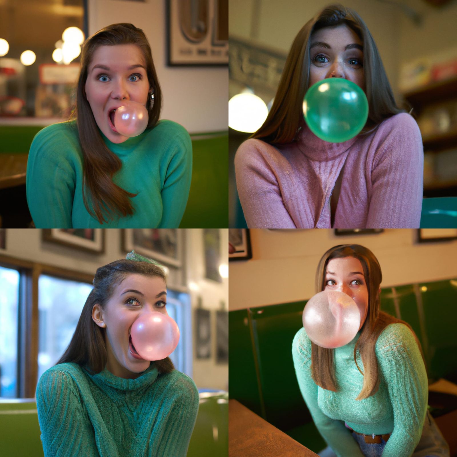 Woman Blowing Bubblegum in 1950s Cafe, Detailed Portrait