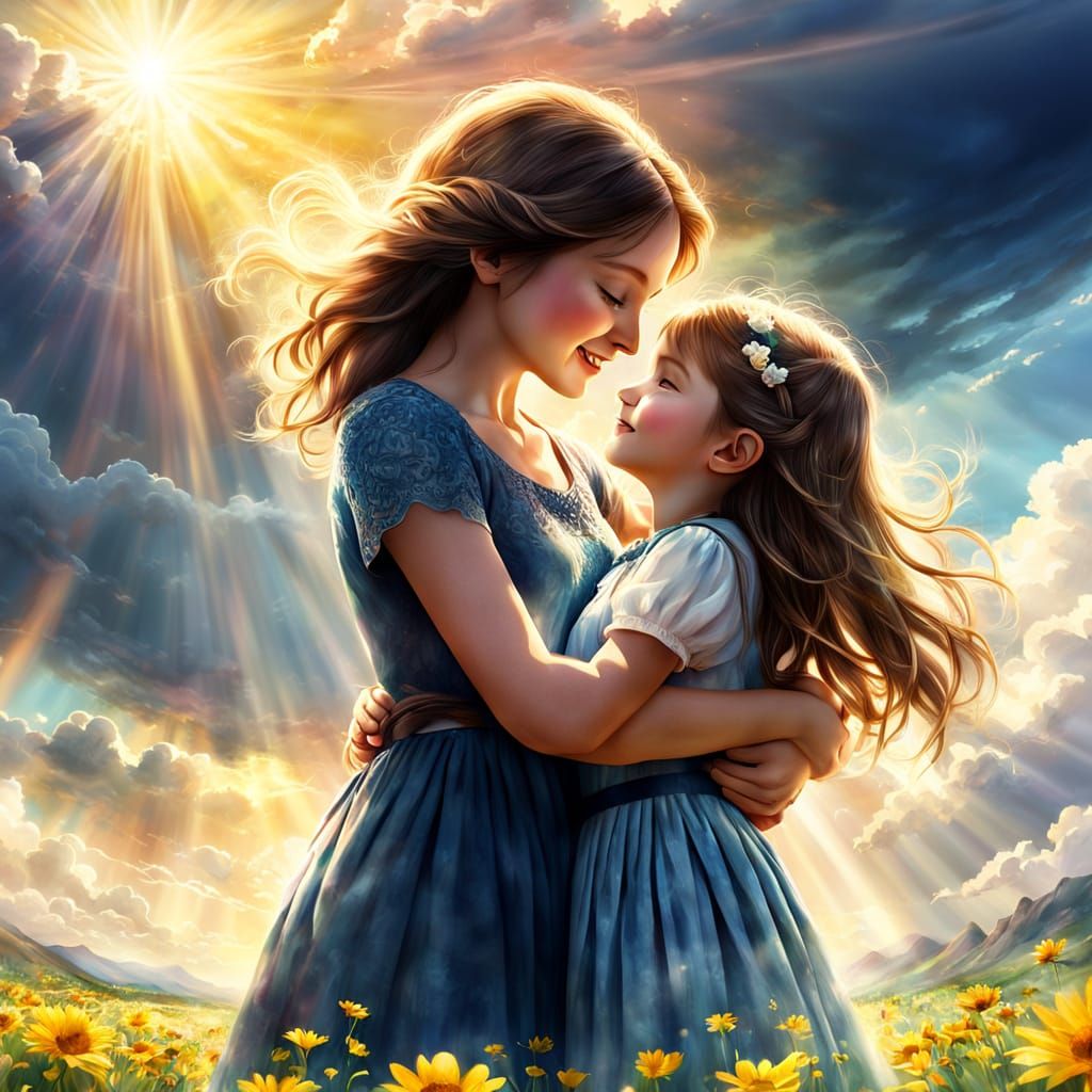 Mother and Daughter in Heavenly Sunlit Bond