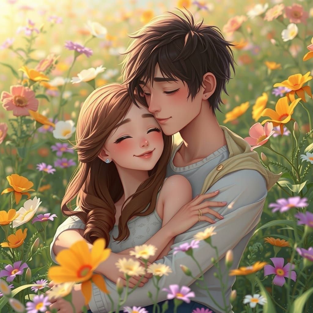 Anime Couple Embrace in Lush Floral Meadow