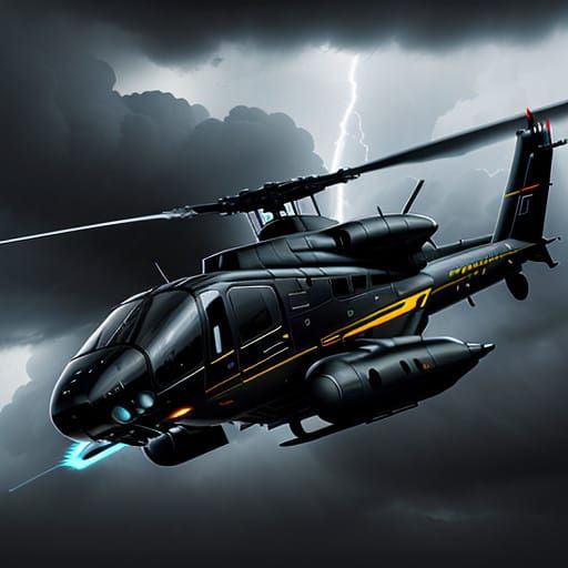 Futuristic Airwolf Helicopter in Mid-Flight over Stormy Sky