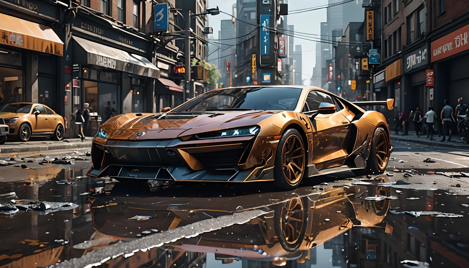 Futuristic Car on City Road in Street Art Style