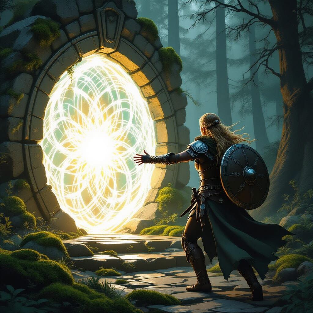 Norse Shieldmaiden and Shimmering Portal
