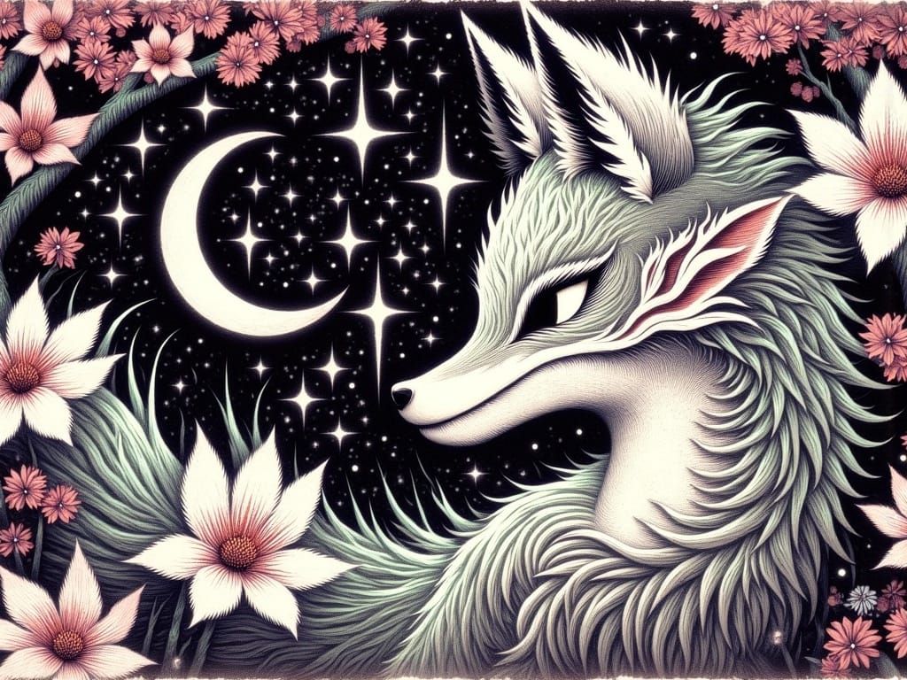 Mystical Kitsune under Cherry Blossoms in Japanese Art Style