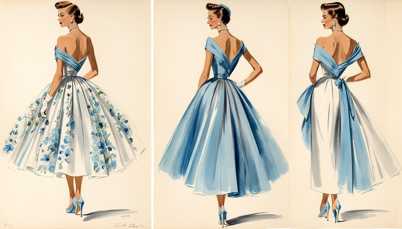 1950s evening wear fashion couture sketch, Pencil, ink, wate...