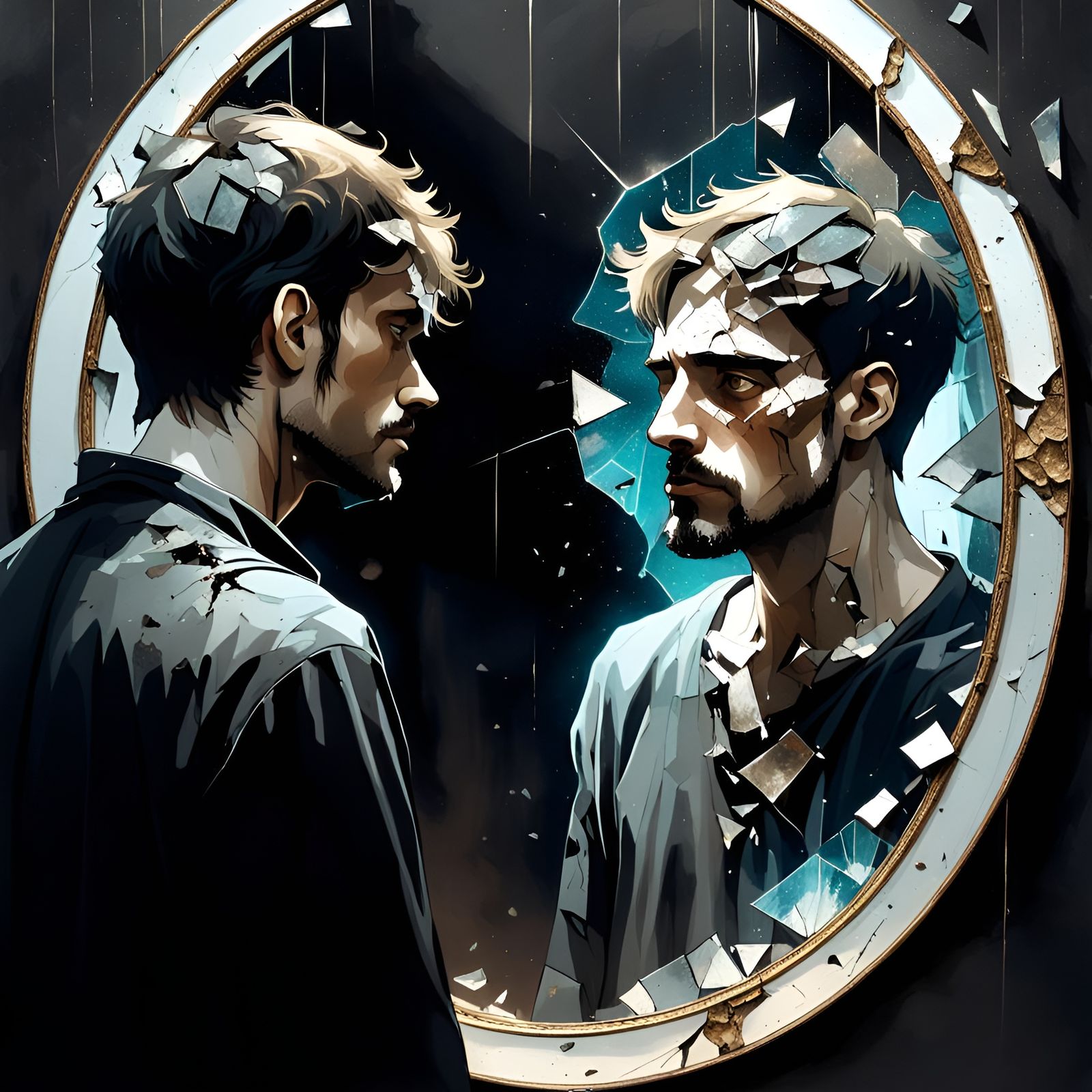 Depressed Man and Shattered Reflection, Alcohol Ink Art