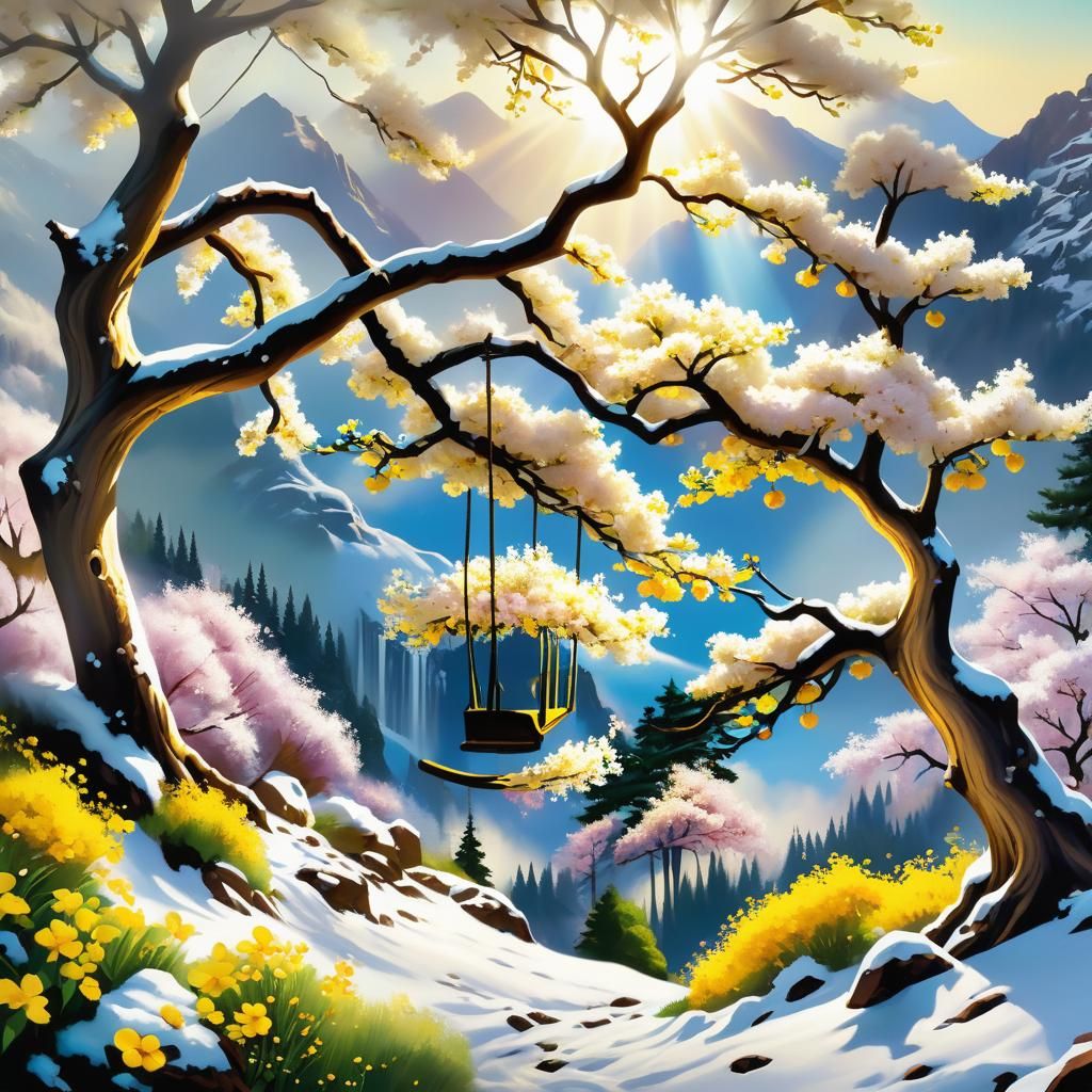 Flowering Tree in Snowy Mountain Landscape, Kinkade Style