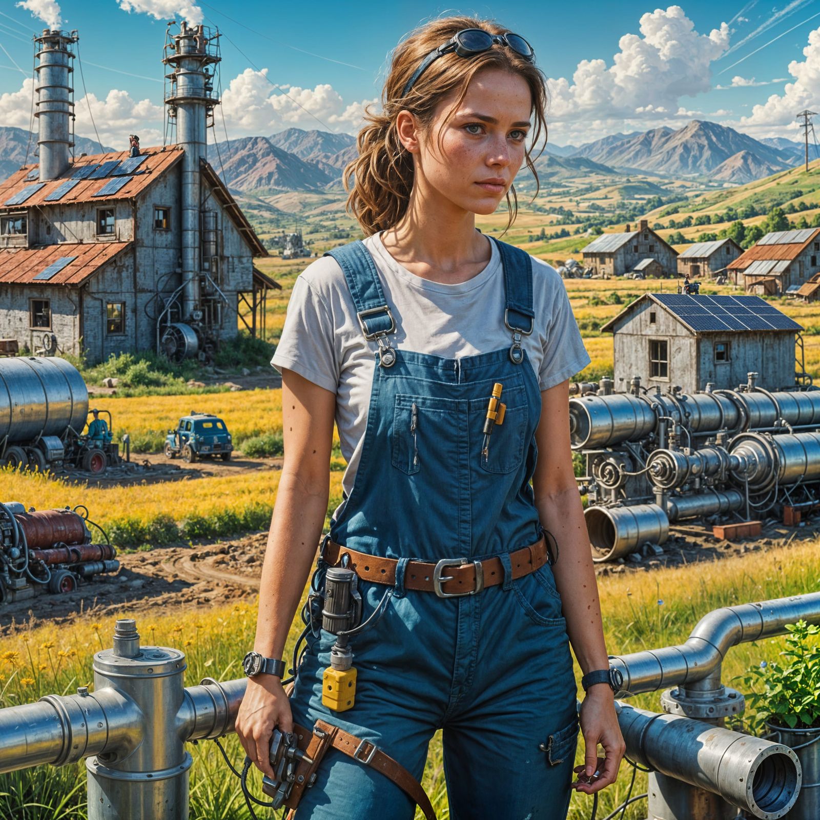 Vibrant Solarpunk Technician in a Lush Valley Landscape